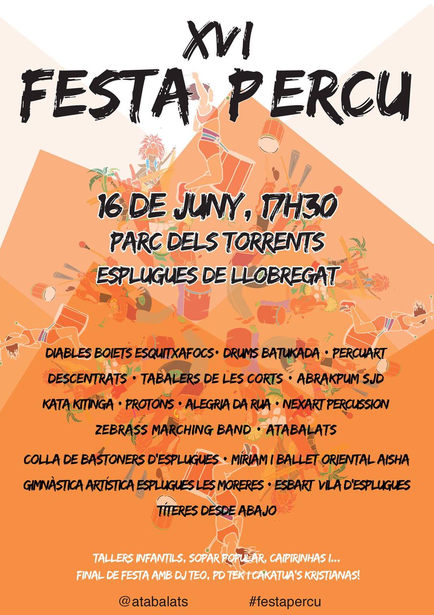 Avui gaudim d'una festa entre grups de percussió a la  #XVIfestapercu de la mà d'<a href="/Atabalats/">Atabalats</a> a Esplugues de Llobregat. Us animeu a venir?