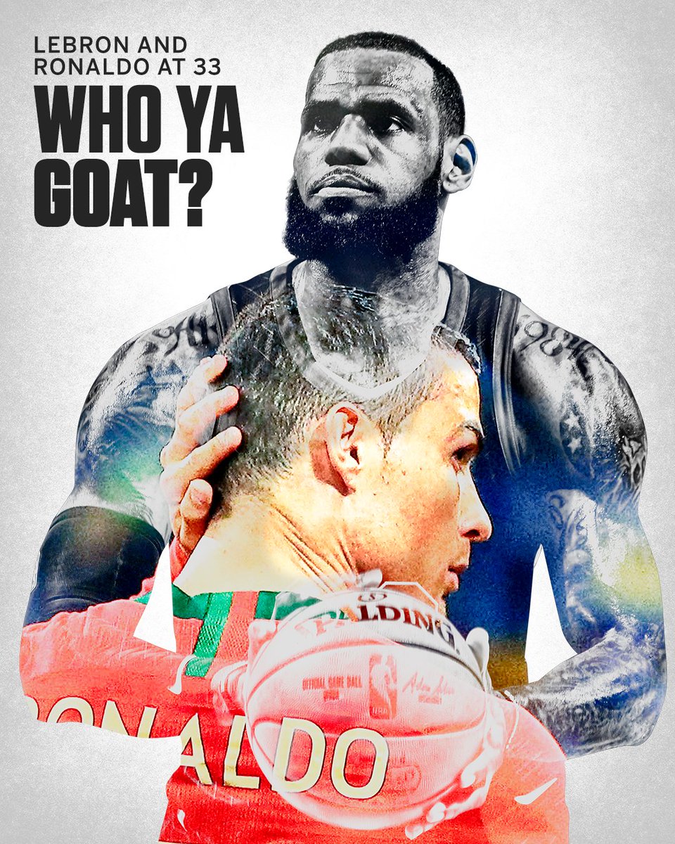 espn's tweet photo. LeBron James. Cristiano Ronaldo. 

Who’s doing the most at age 33? https://t.co/mlQqmACmvJ