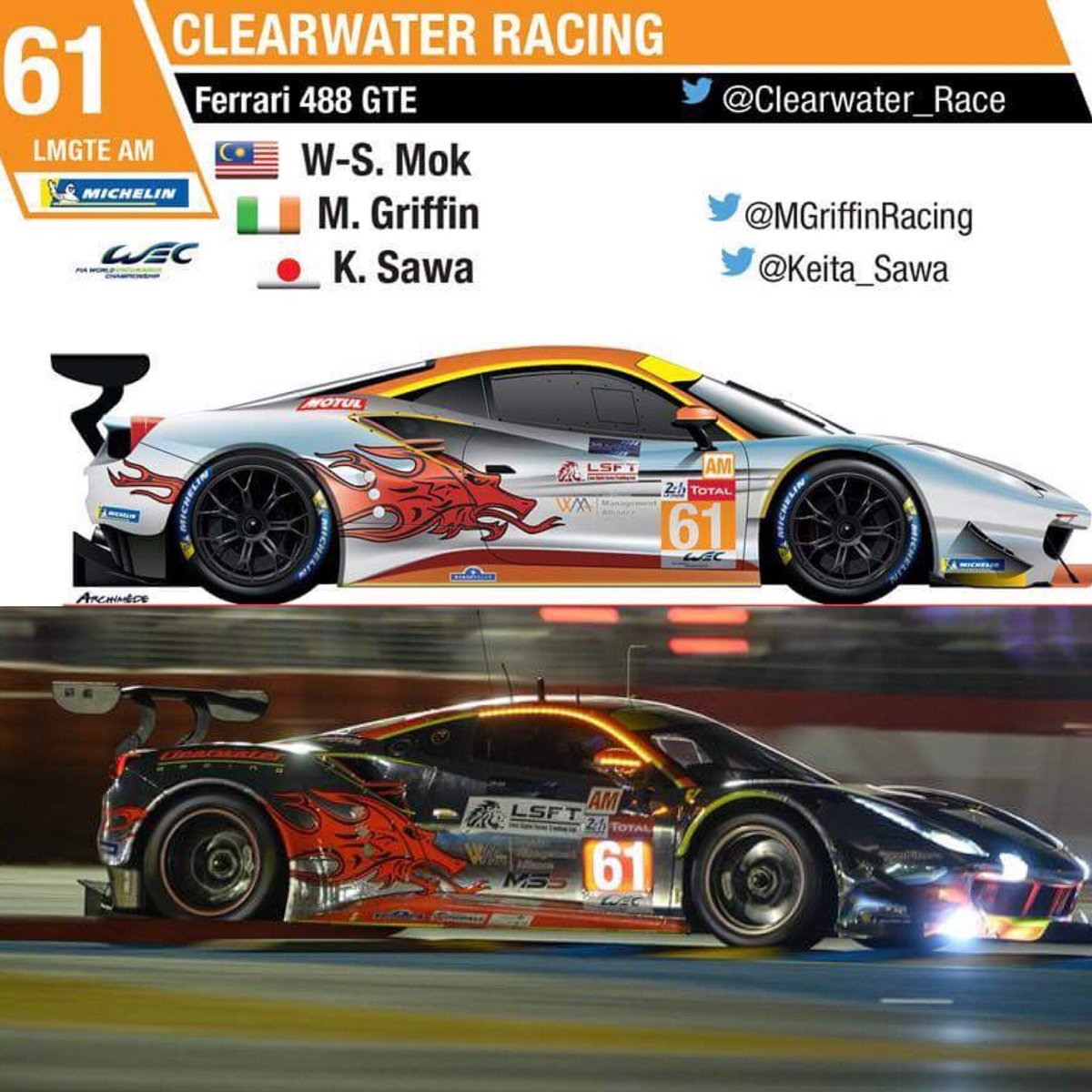 Look out for IWI Ambassador <a href="/MGriffinRacing/">Matt Griffin</a> Racing in the <a href="/24hoursoflemans/">24 Hours of Le Mans</a> @24heuresdumans <a href="/FIAWEC/">FIA World Endurance Championship</a> in the @Clearwater_Race <a href="/FerrariRaces/">Ferrari Races</a> <a href="/Ferrari/">Ferrari</a> 488 GTE in GTE Am Class with <a href="/Keita_Sawa/">澤圭太 レースドライバー / ワンスマ主宰 / ABSSA Inc.代表</a> &amp; W-S Mok.