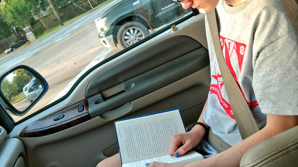 Thank you, <a href="/camphalfblood/">Becky Riordan 📚 🎬</a> for writing #TheTrialsOfApollo. 

Here is my 14yo, a reluctant reader, choosing to read at 6:45 am on her way to a swim meet.
