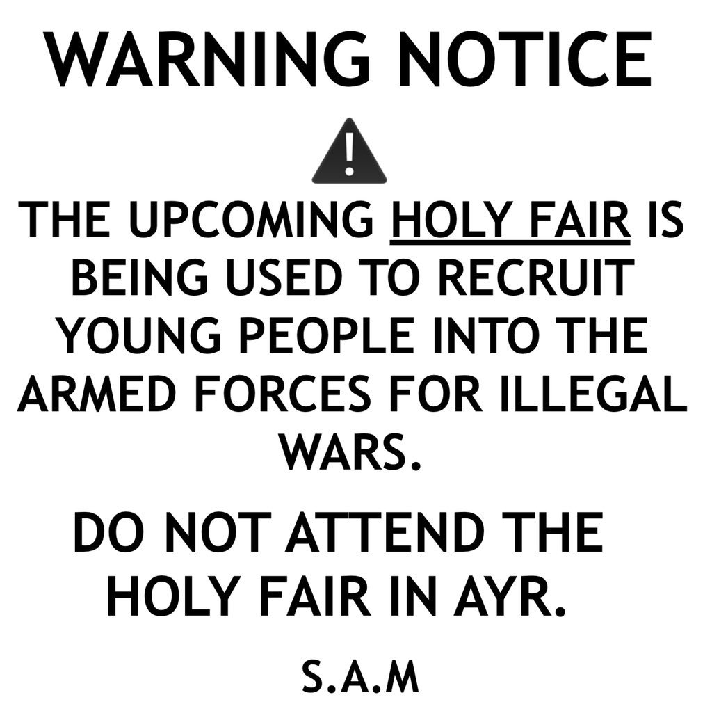 MilitarismScot's tweet photo. WARNING FOR PARENTS:
The Ayr #HolyFair is run in conjunction with the military who seek to recruit children into the idea of joining the military. This has been shown to have a deeply negative impact on children and young people. https://t.co/83OOmQhdEY