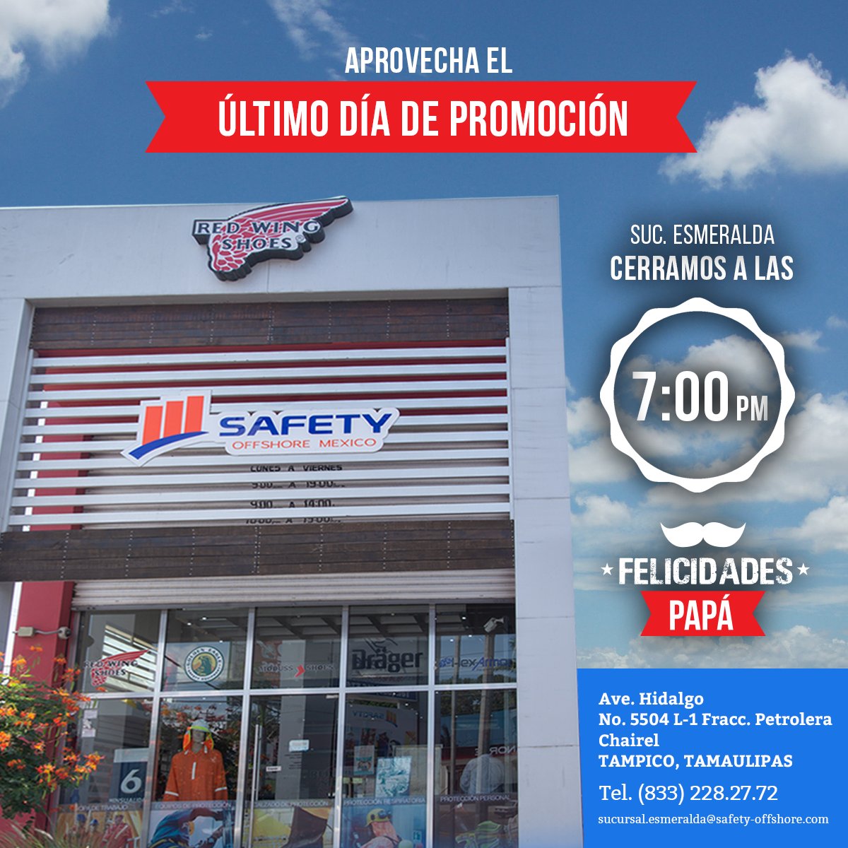 SafetyOffshore's tweet photo. Ven y aprovecha el último día de promoción,  Suc. Esmeralda cerramos a las 7:00 PM, obtén un 10% de descuento en pago en efectivo (calzado Red Wing), y un 5% de descuento en pago con tarjeta de crédito/débito + 6 meses sin intereses, vigencia 16 de Junio 2018 Aplica restricciones https://t.co/ZnsUtJgZ1E