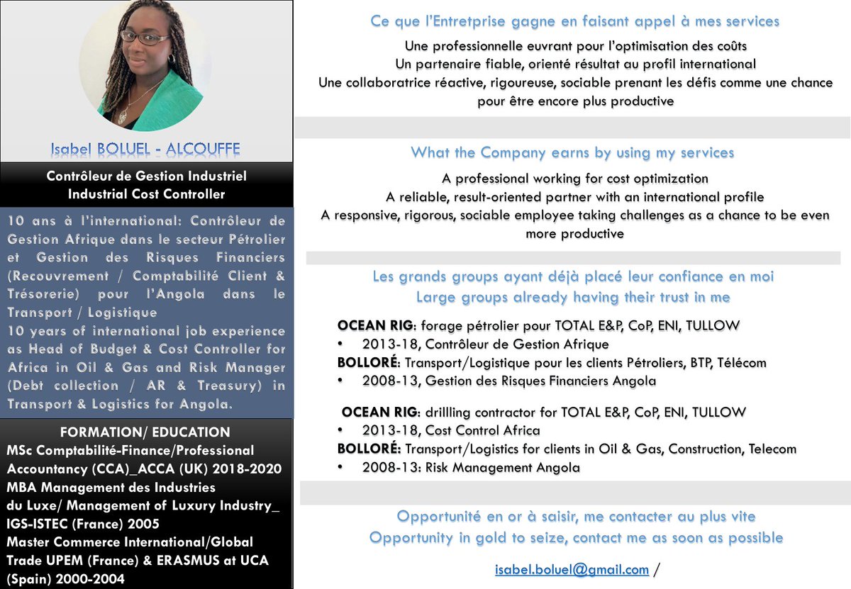 IAlcouffe's tweet photo. Chère famille #Twitter #i4EmploiR, je fais une nouvelle fois appelle à toi, afin que la #Societe qui cherche le #contrôleurdegestion #indutriel que je suis, arrive jusqu'à moi et moi à elle 🙂. Polyglotte, avec 10 d'expérience à l'international et disponible de suite. #Merci https://t.co/mXjry5ZtW1