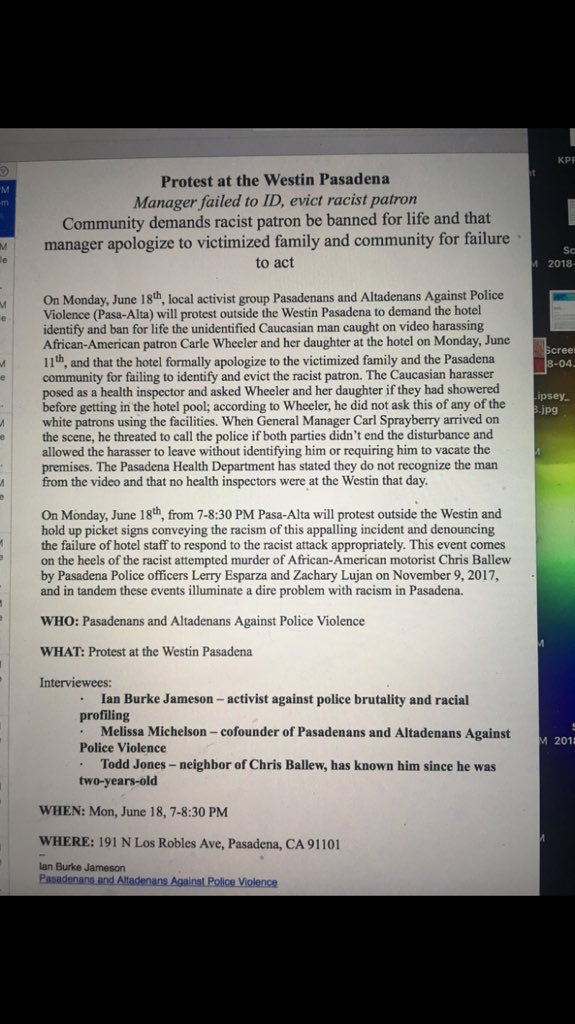 This Monday there will be a protest in front of the @WestinPasadena @Westin hotel on Monday in response to management failing to act to resolve the issue with racist patron. #westinpasadena #westinhotel #pasadena #cityofpasadena #pasadenastarnews #pasadenanow