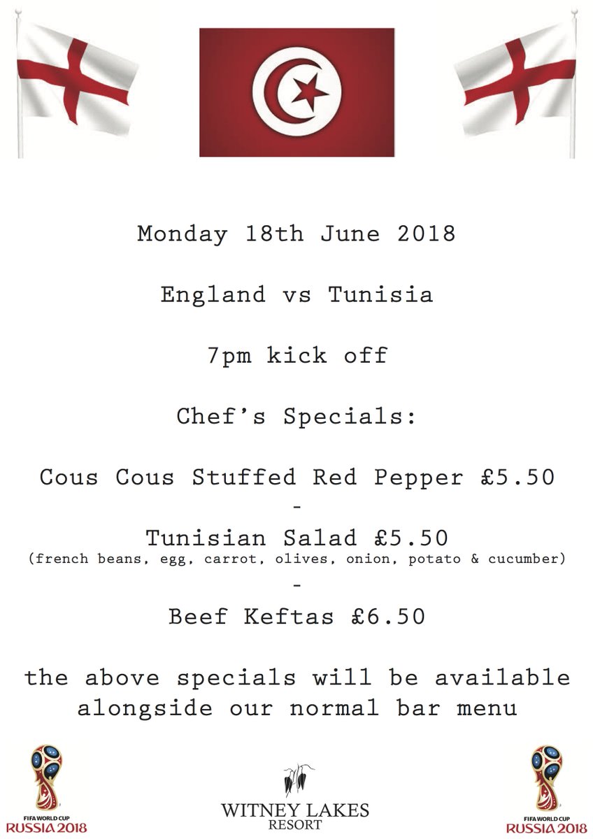 Monday night at 7pm we will be showing the England v Tunisia match in the Sports Bar with a few Tunisian specials on the food menu!