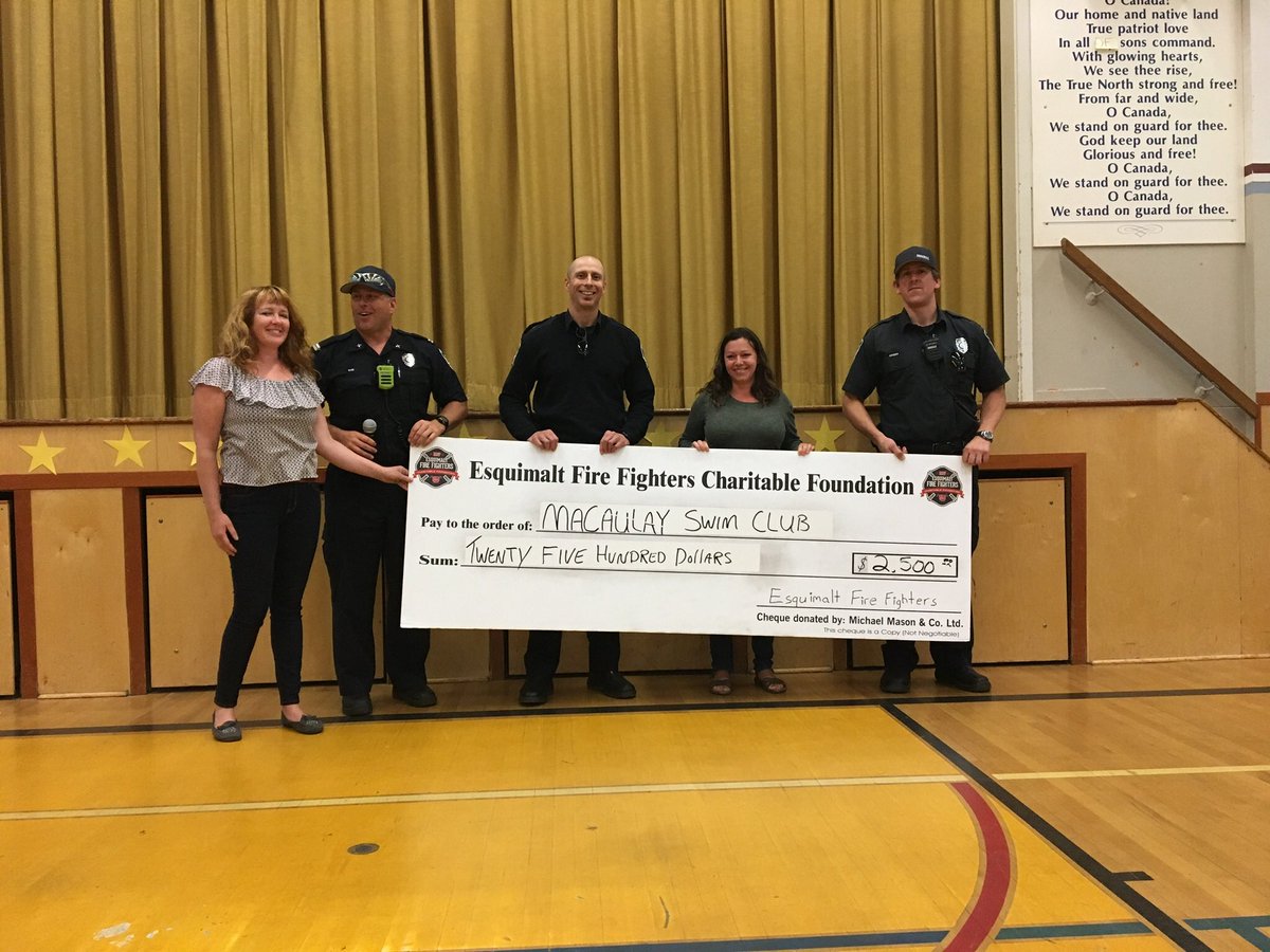 Thank you <a href="/EsquimaltFire/">Esquimalt Fire Fighters IAFF 4264</a> for the donation to support our annual grade 3 swim program and our afterschool swim club! We are so grateful for your generosity! Thanks too to Ms K for your leadership and dedication to swim club year after year! #MacaulayPride #sd61learn