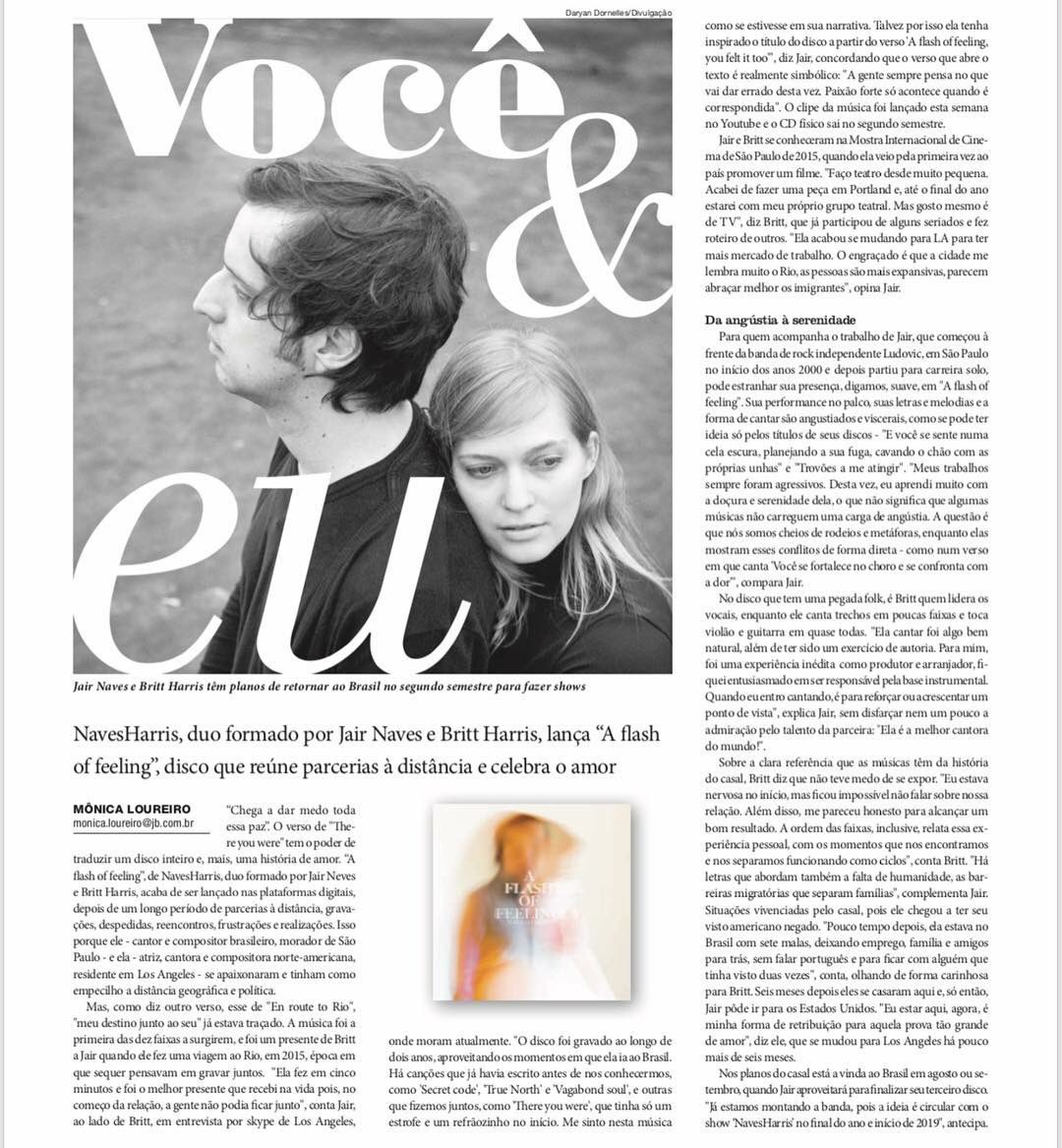 NavesHarris's tweet photo. Linda matéria da Mônica Loureiro publicada na edição de hoje do Jornal do Brasil. Leitura mais do que recomendável.

Amazing article published today at Jornal do Brasil about our new album, “ A Flash of Feeling”. ❤️ https://t.co/NhLVtfj3g7