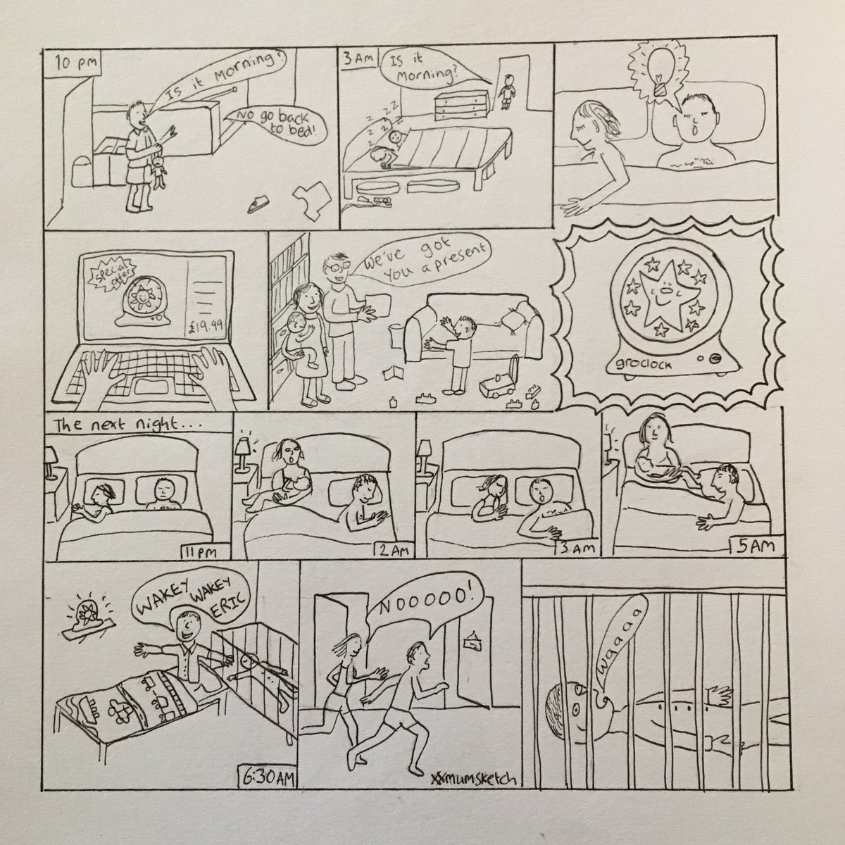 comedyhan's tweet photo. The story of the #groclock @TheGroCompany #mumsketch #parenting #sleep #summertime https://t.co/2tOMlAAT88
