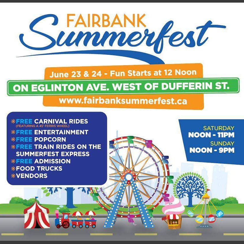 Come join us at Fairbank Summerfest June 23 -24 on Eglinton Ave. west of Dufferin St. For FREE Rides, FREE Entertainment, FREE Popcorn and best of all, FREE Admission. The fun starts at noon, see you there! <a href="/JoshColle/">Josh Colle</a> <a href="/TPSAux13Div/">TPS Auxiliary 13DIV</a> <a href="/JulieDzerowicz/">Julie Dzerowicz</a> <a href="/marcomendicino/">Hon. Marco Mendicino</a>