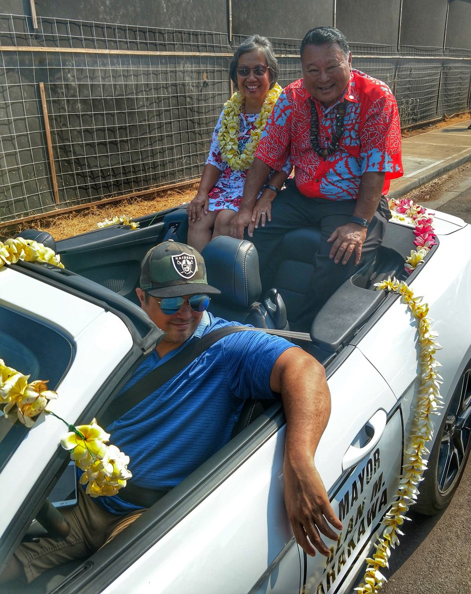 TambaraG's tweet photo. Mayor and Ann and Driver Rod at the Na Kamehameha Commemorative Paʻu Parade!  @CountyofMaui @AlanArakawa @RodWade https://t.co/OoYOooKlQL