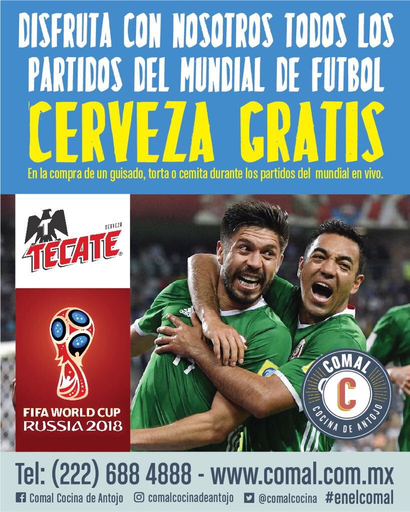 ¡Vente a Comal a ver el Mundial! Durante los paritidos, por cada guisado, torta o cemita te regalamos una cerveza. #WorldCup #Russia2018. 🍻⚽️