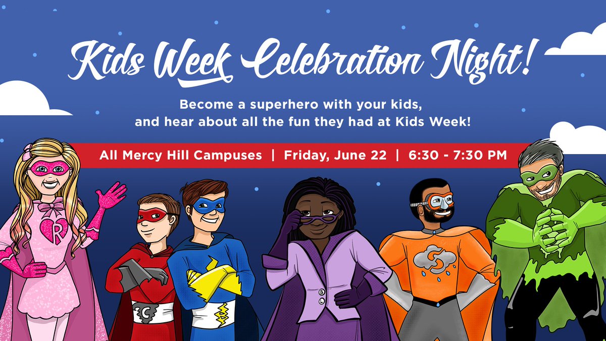 mercyhillnc's tweet photo. Parents: #MHKidsWeek kicks off Monday, and then we invite you to join your kids for Celebration Night on Friday the 22nd as they share all the fun they had  this year! You'll love the chance to become a superhero yourself and join the adventure! https://t.co/1d4PINcQ8z