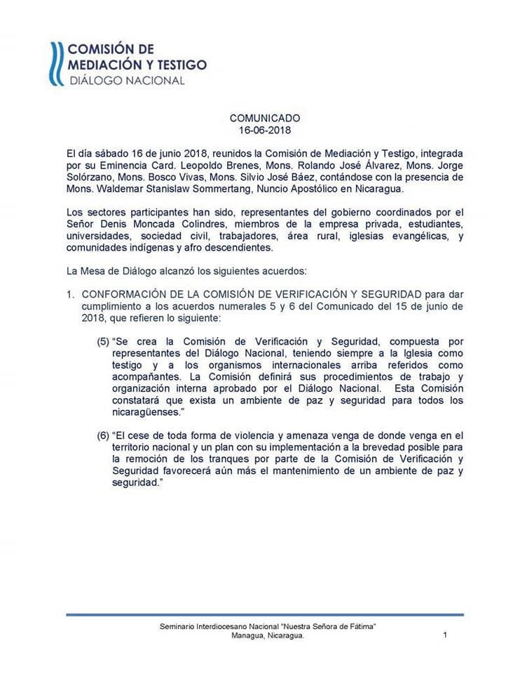 COSEPNicaragua's tweet photo. Comunicado oficial de la Comisión @de_mediacion del #DiálogoNacional respecto a la sesión y acuerdos alcanzados este sábado 16 de junio #SOSNicaragua #Nicaragua https://t.co/VVpEbrSt3T