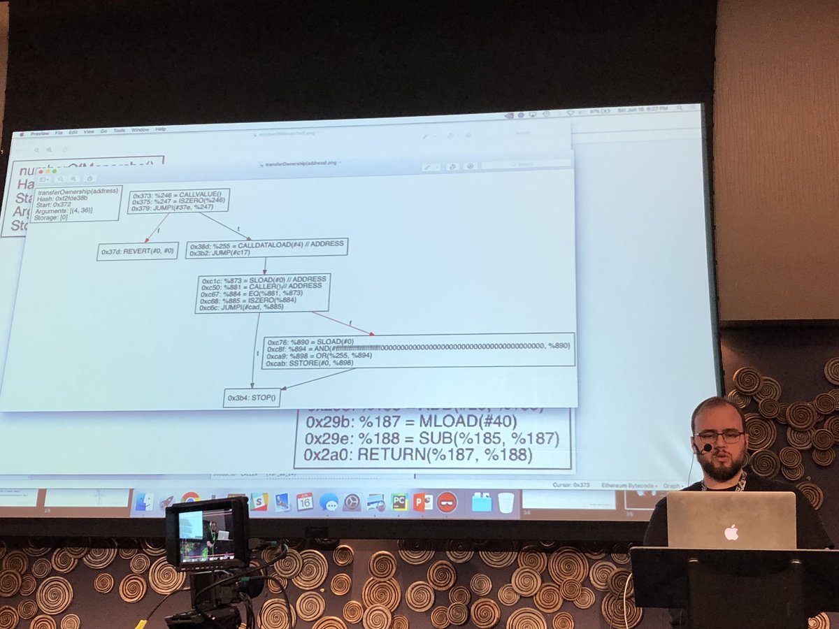 Getting schooled on ETH bytecode SSA and Optimization by <a href="/withzombies/">𝗥𝗬𝗔𝗡 𝗦𝗧𝗢𝗥𝗧𝗭</a>. Keeping an eye out for the release of RATTLE. <a href="/reconmtl/">REcon</a> <a href="/trailofbits/">Trail of Bits</a>