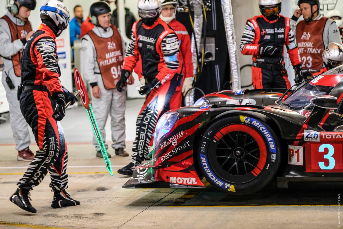 RebellionRacing's tweet photo. Tenth hour of race! Both REBELLION R-13 are still third and fourth of the general ranking behind the @Toyota_Hybrid cars #7 and #8. Keep pushing for the next fourteen hours in these @24hoursoflemans! 😉
#LEMANS24 #REBELLIONRacing #TVR #REB13 https://t.co/UMZIGYbo6e