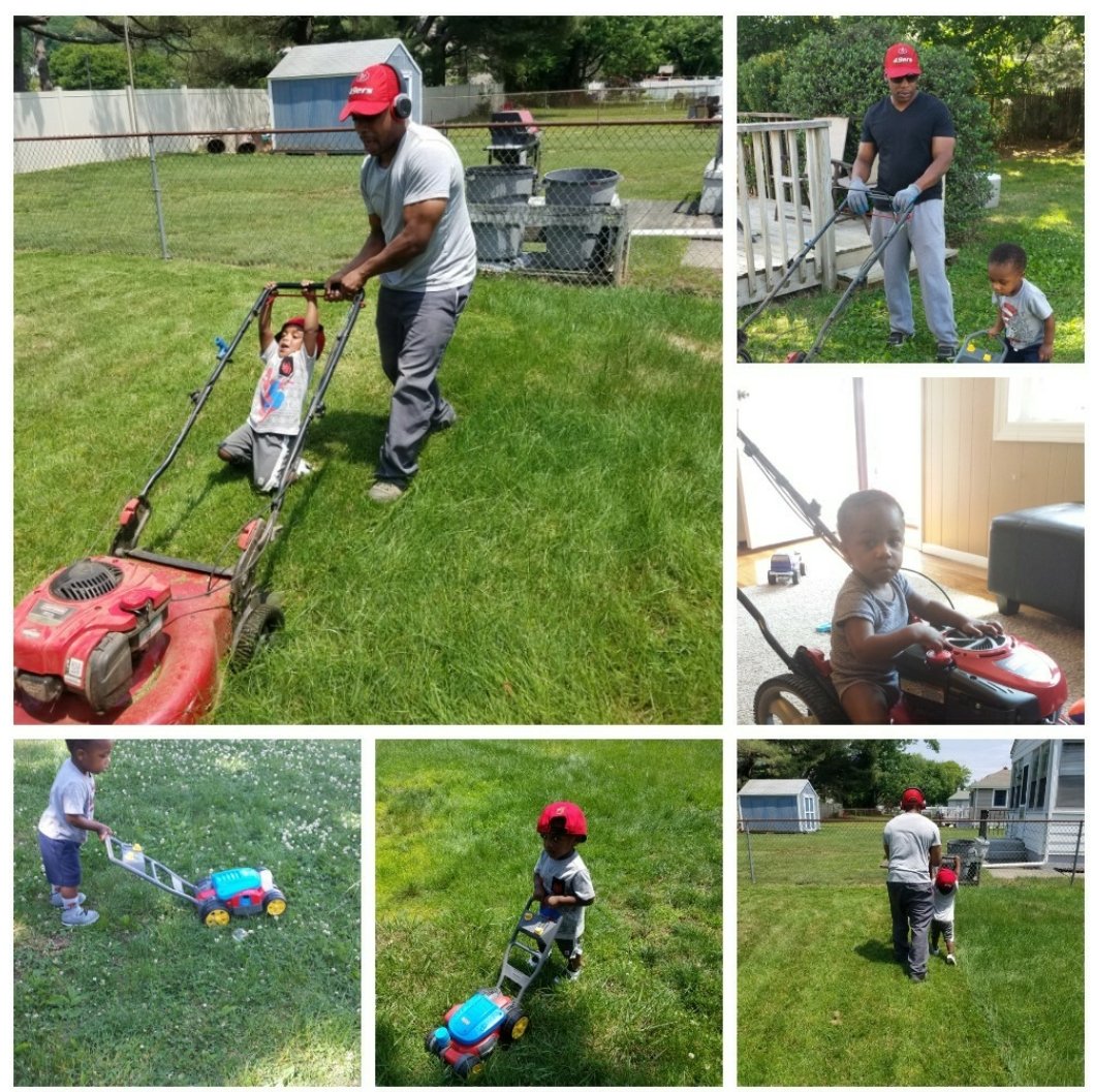 FierceFears1's tweet image. My collage of my husband @SchultzSC and our boys at 2.  Same 49ers hat and lawnmowers! 
#FathersDay