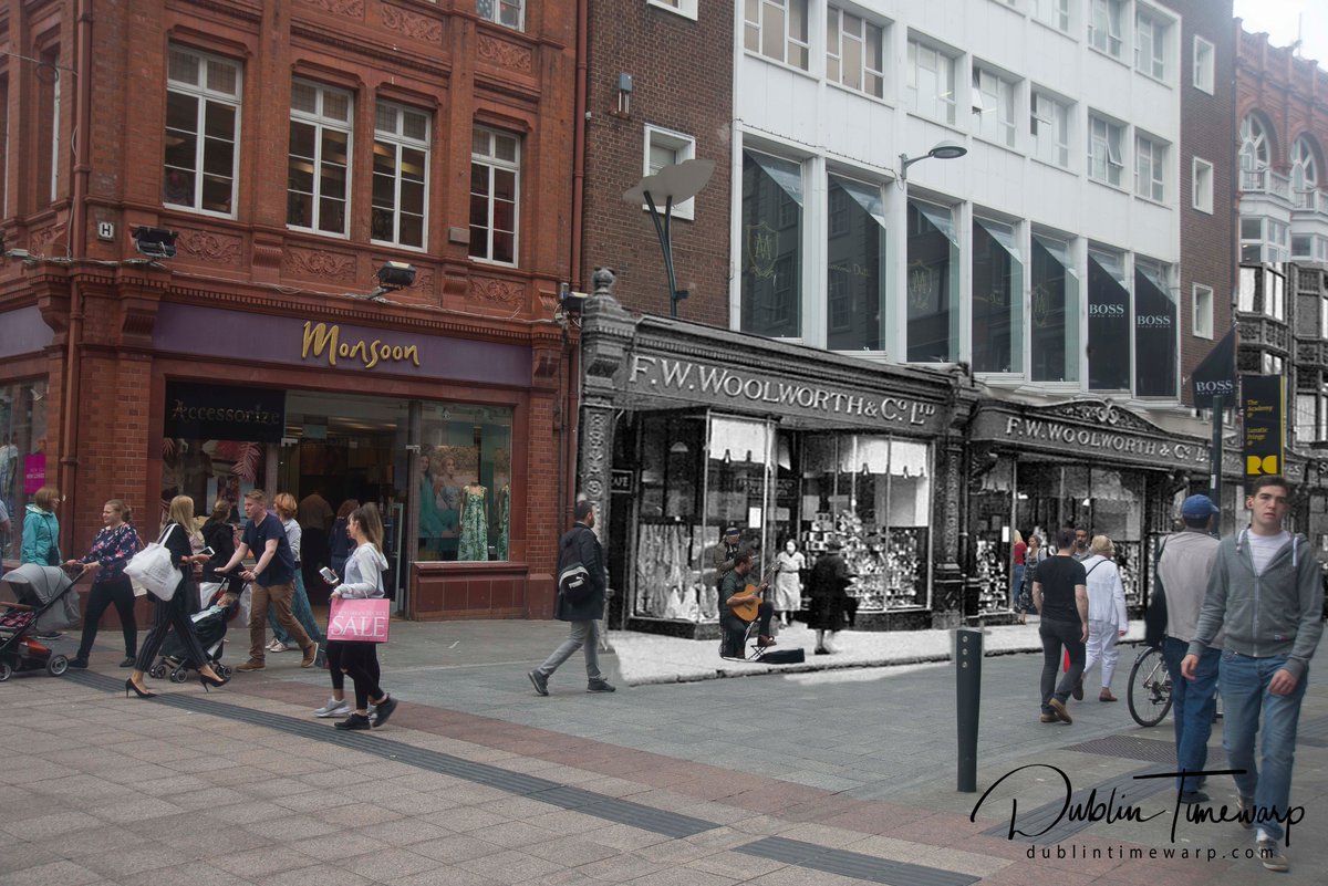 DublinTimewarp's tweet photo. This is an updated version of my latest Woolworths Timewarp. I  originally had Woolworths too far up, This is it's proper position. Dating the old photo to probably the 1940s, lends irony to the Boss sign as at that at that time Hugo Boss was  busy designing the SS uniforms https://t.co/t8VCAMryvu