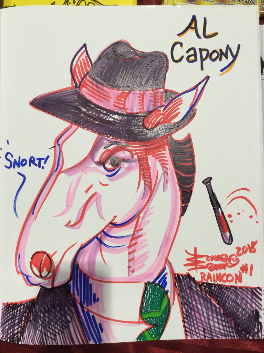 Donna_Barr's tweet photo. Al Capony - for my bestest publisher, Edd Vick. At the 2018 RainCon. #RainCon #comicon #gangster #peoplewithhats #horse https://t.co/taDPGkZGEU