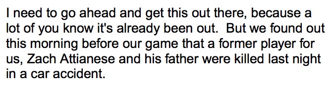 DiamondHeels's tweet photo. Today our family played with heavy hearts after finding out that a former brother and Tar Heel, Zach Attianese, passed away last night in a car accident. Our thoughts are with the loved ones of Zach, his dad and the Attianese family. Here's Coach Fox's comments after the game. https://t.co/glUTxrBBJy