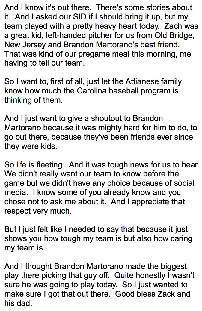 DiamondHeels's tweet photo. Today our family played with heavy hearts after finding out that a former brother and Tar Heel, Zach Attianese, passed away last night in a car accident. Our thoughts are with the loved ones of Zach, his dad and the Attianese family. Here's Coach Fox's comments after the game. https://t.co/glUTxrBBJy