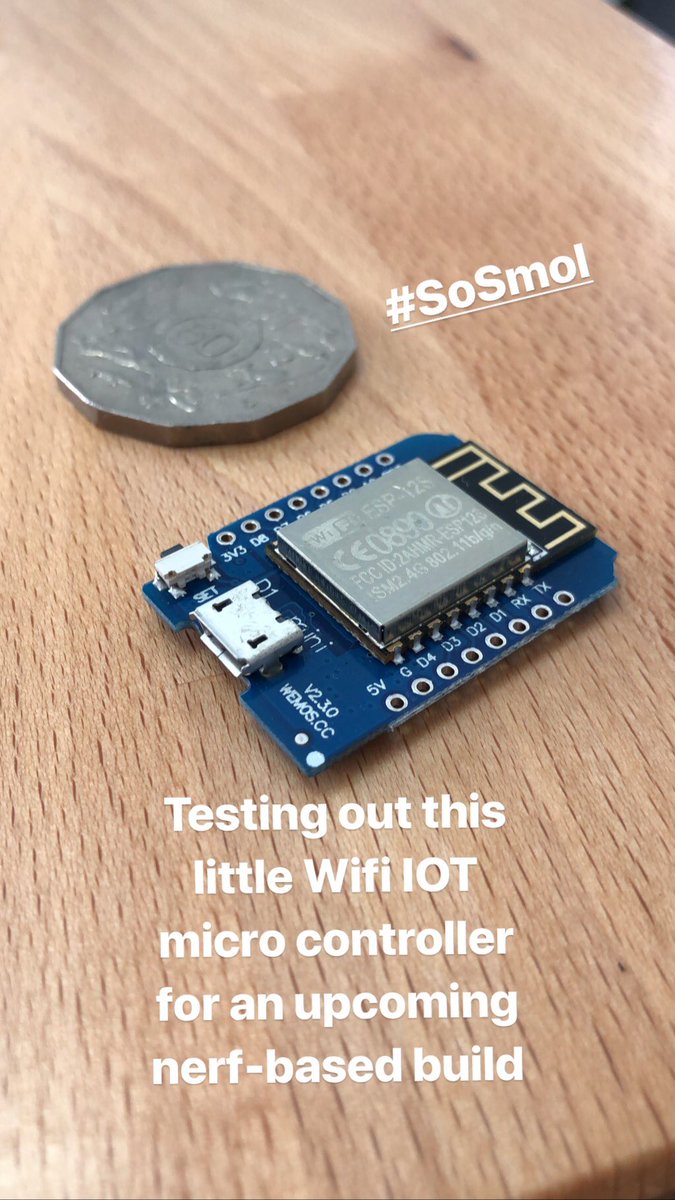 benhoad's tweet image. Tiniest wifi-capable MC I’ve worked with #iot #wemos #d1mini - soon to be paired with a #nerf blaster