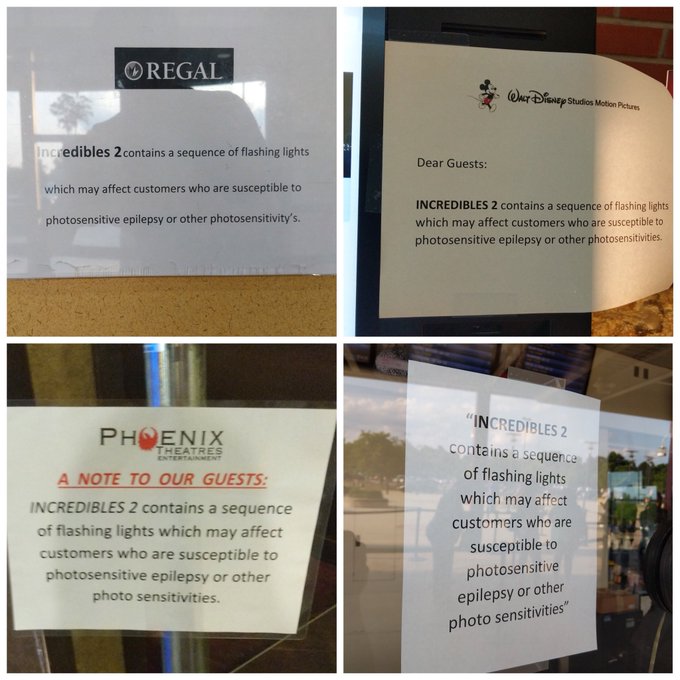 Four different paper signs at area movie theaters warning guests about strobing sequences in Incredibles 2