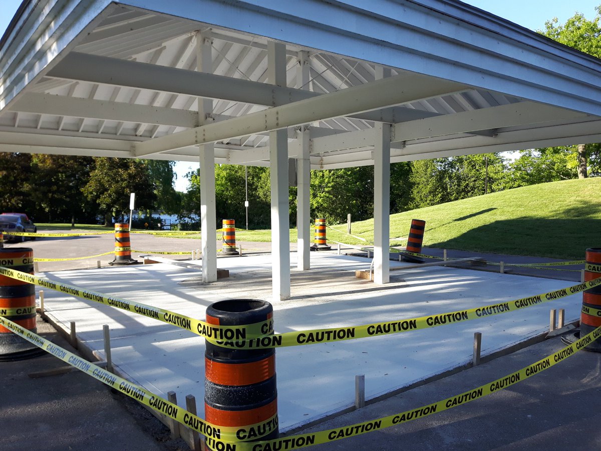 Dorothy_Tomiuk's tweet photo. LAUNCH PAD: Cement poured at Saddington Park gazebo; pre-installation for commemorative benches re 175th anniversary of #PortCredit. Our #PC175 executive has stuck together since 2010(!) to accomplish this permanent legacy, located in the PC Heritage District thx to #JimTovey https://t.co/n52RmvseXn