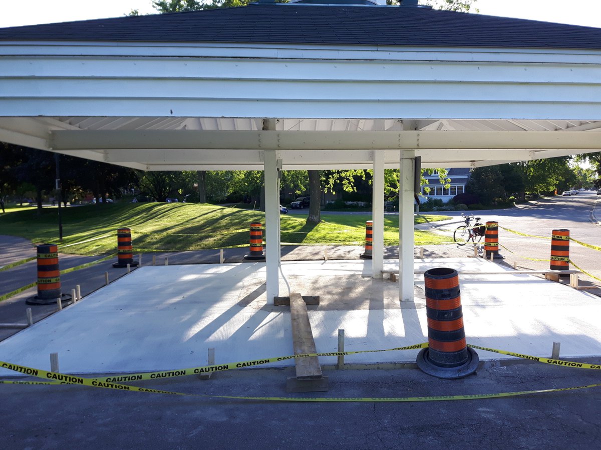 Dorothy_Tomiuk's tweet photo. LAUNCH PAD: Cement poured at Saddington Park gazebo; pre-installation for commemorative benches re 175th anniversary of #PortCredit. Our #PC175 executive has stuck together since 2010(!) to accomplish this permanent legacy, located in the PC Heritage District thx to #JimTovey https://t.co/n52RmvseXn
