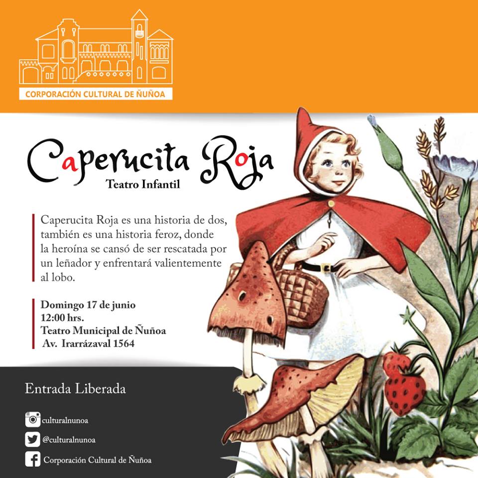 panoramasgratis's tweet photo. 1) 12:00 Mañana domingo en el Teatro Municipal de Ñuñoa: Teatro infantil con "Caperucita Roja". Av. Irarrázaval 1564. https://t.co/SbO10KqYYw