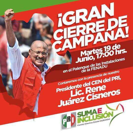 FcoGamboaH's tweet photo. En #Durango estamos listos para nuestro gran cierre de campaña, para ello este próximo 19 de junio, estará con nosotros el Pdte. del @PRI_Nacional, @JuarezCisneros.
¡Tod@s invitad@s para mostrar el gran músculo de la poderosa estructura priísta !
#DurangoConMeade https://t.co/obFWOqVYKe