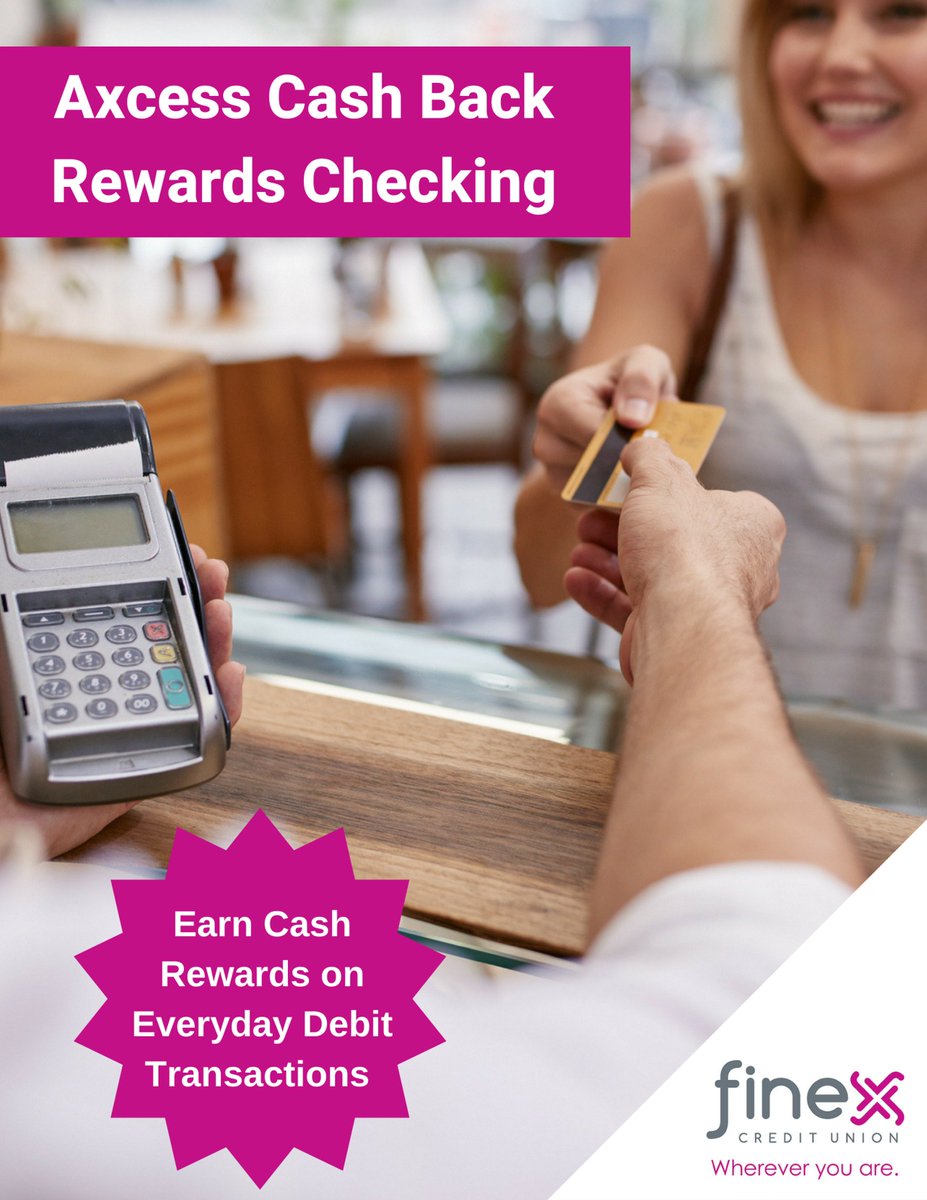 Finex_CU's tweet image. With Axcess Cash Back Rewards, members can earn $0.15 on everyday debit transactions! Apply online today. #CashBack #RewardsChecking #EastHartford #Vernon #Manchester #ShopRite finexcu.org/get-rewarded-w…