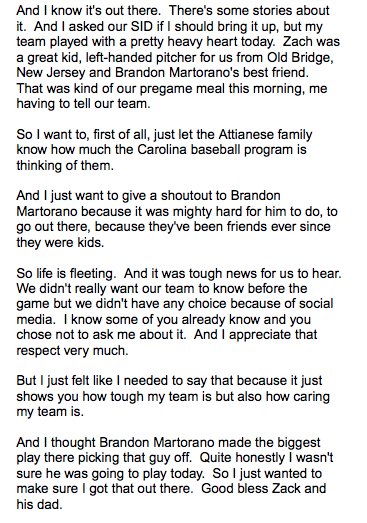 mlananna's tweet photo. .@DiamondHeels head coach Mike Fox on the tragic death of former pitcher Zach Attianese and his father. Fox was understandably emotional as he talked about this at the end of the press conference today. https://t.co/GhkyXlULI8