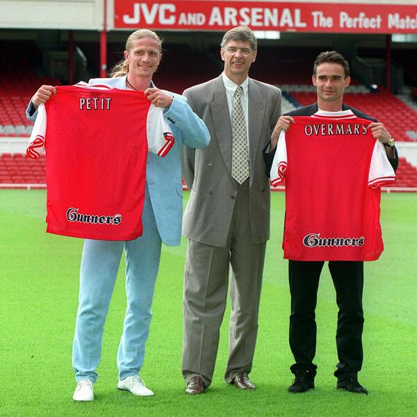 PureFootball_co's tweet photo. #OTD In 1997 - Arsène Wenger made a treble transfer as he signed Marc Overmars, Emmanuel Petit and Gilles Grimandi all on the same day. 

The cost of these 3 transfers came to anywhere between £10m to £13m. What great players these were!

 #AFC #COYG #Arsenal #Gunners #GunnersApp https://t.co/q1da4IzNIR