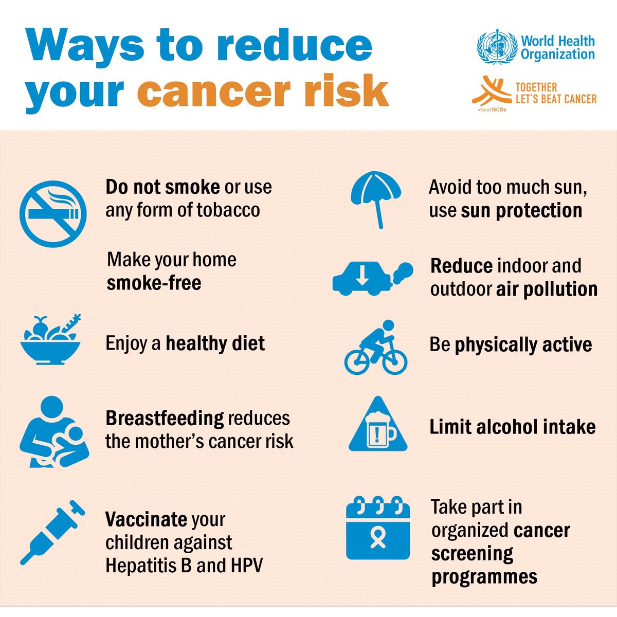 WHOWPRO's tweet photo. Ways to lower your risk of #cancer:
🚭 Don’t smoke 
🏄🏼‍♀️ Exercise regularly and eat healthy.
✋🏼 Limit your alcohol intake.
👍🏽Vaccinate your children against HPV &amp; Hepatitis B.
💋Practice safe sex to avoid sexually transmitted infections. https://t.co/xap4IAjVYl