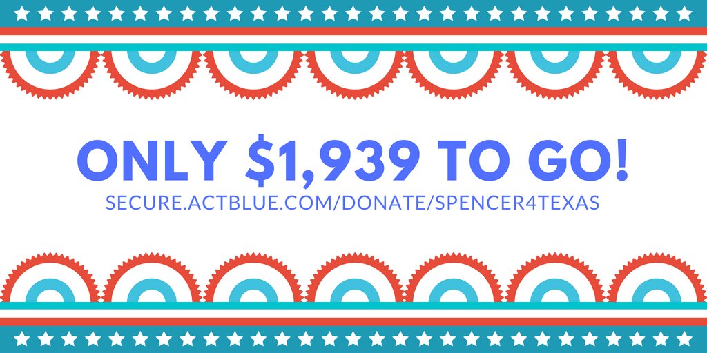 Spencer4Texas's tweet photo. THANK YOU SO MUCH to our supporters! We are now 2 weeks out from the end of this reporting period and we need YOUR HELP!

A few stats:
Total amount raised: $8,031
Average donation: $27.22

Donate before June 30th and help bring #BlueWave2018 to West Texas!
https://t.co/ZsdlWB4rtC https://t.co/3IYc2cGgqb