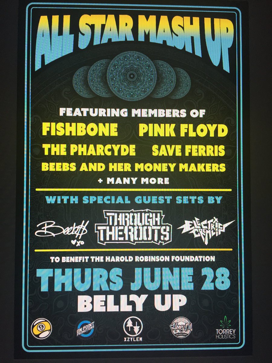 BeebsMoney's tweet photo. Epic show coming up in San Diego at @BellyUpMusic! What an incredible line up! #Livemusic #SanDiego #Fishbone #SaveFerris #PinkFloyd #BaHMM #ThroughTheRoots #ThePharcyde #ElectricGremlin #funk #soul #reggae #ska #rock #hiphop https://t.co/2H1q12aeBc