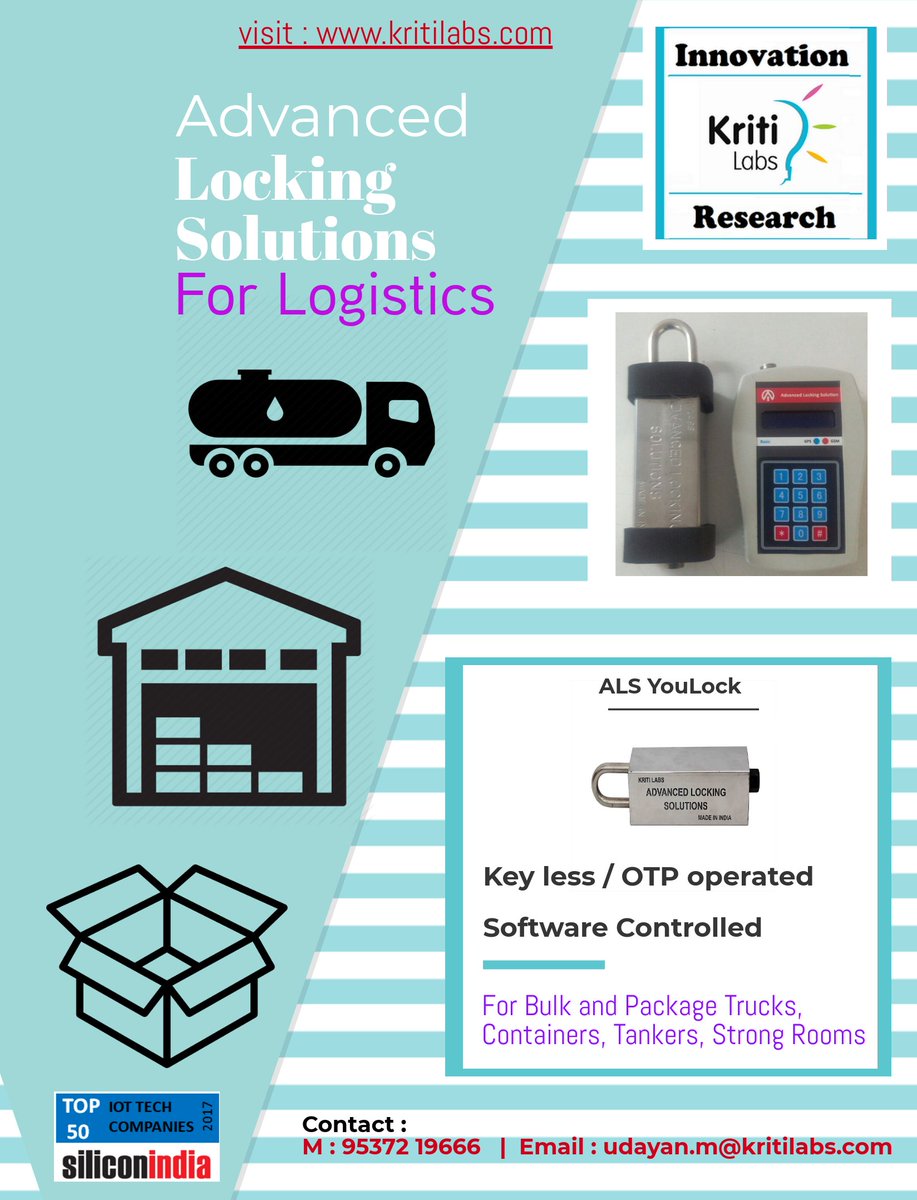 Avoid #Theft of costly #Chemicals &amp; #Petroleum products in #Transit ! Advanced #locking #solutions for #Logistics, from #Kritilabs ! #ALS #IoT #Platform also offers deployment of #IoT in Remote #AssetManagement #Provenance !  Think #IoT, Think #Kritilabs