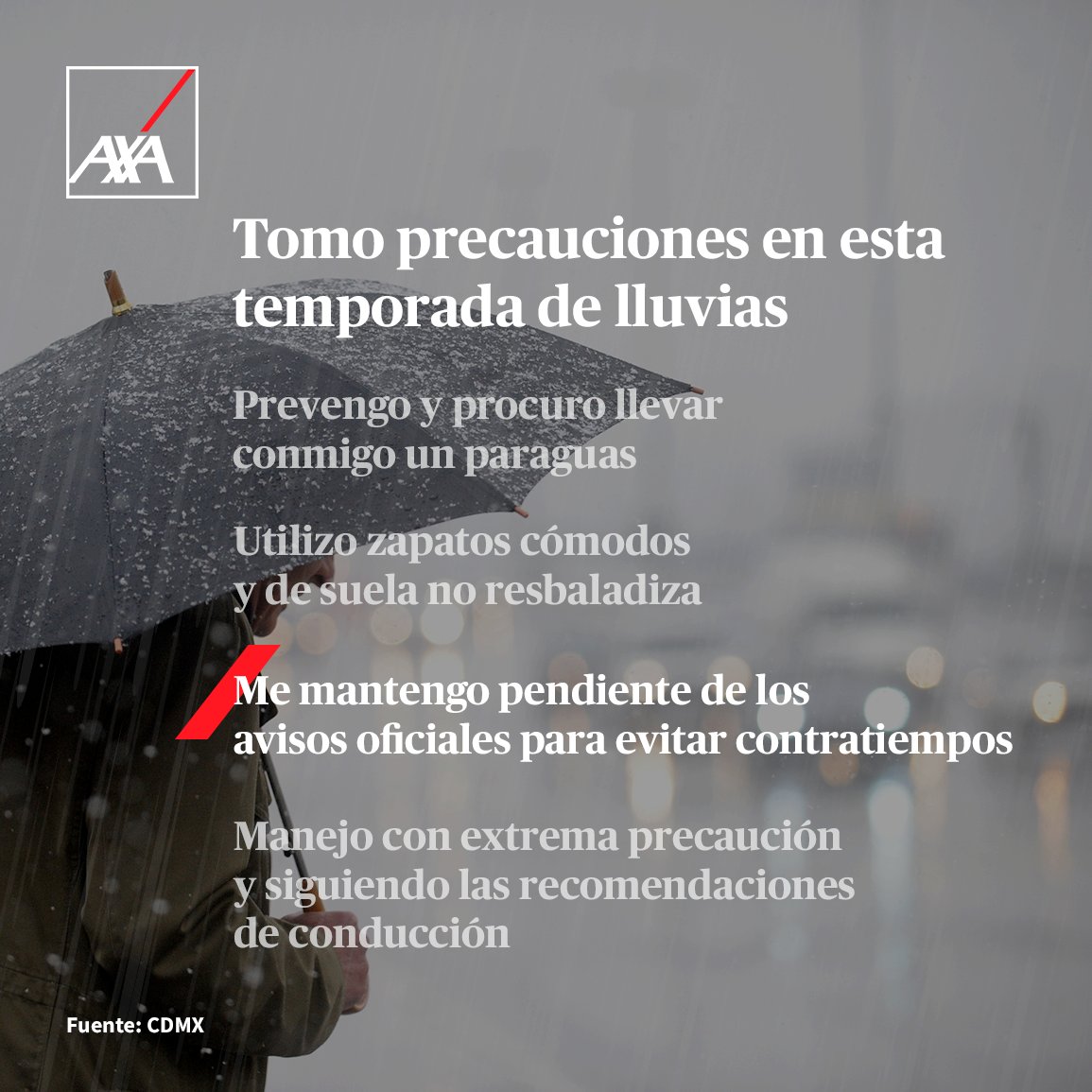 AXAMexico's tweet photo. Te compartimos unas recomendaciones que te ayudarán a mantener tú día a día en esta época de lluvias ☔🌧.
#AXATeCuida https://t.co/wqDL0bVYdq