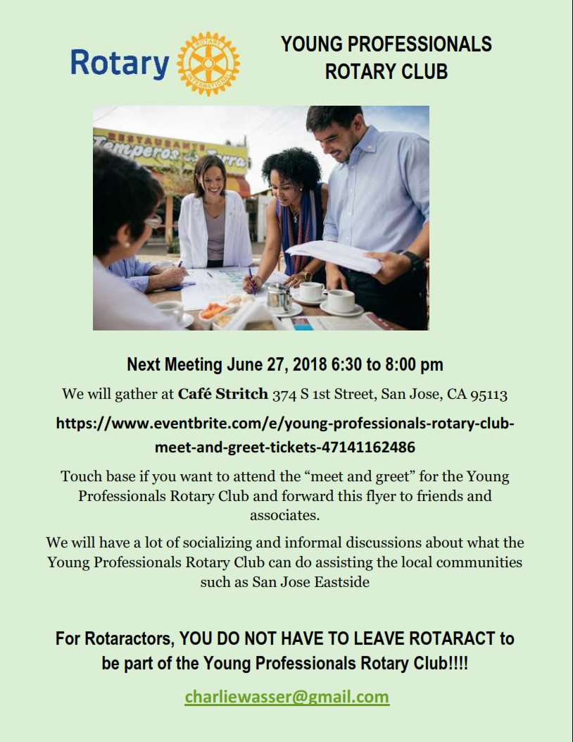 east_sj's tweet photo. Young Professionals Rotary Club next meeting June 27, 2018. Live in the San Francisco Bay Area or know someone who does, get in touch, come socialize with us, help us create a great Young Professionals Rotary Club. https://t.co/F57aEfFuYZ
