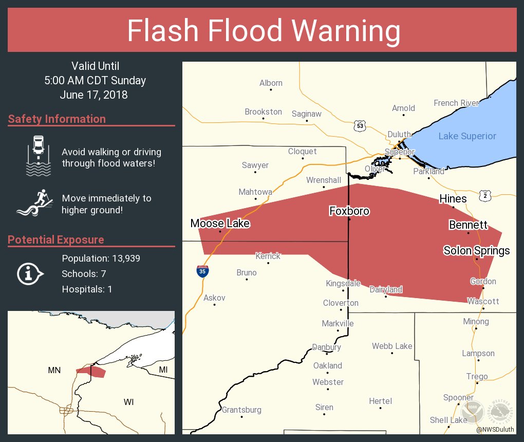 Flash Flood Warning including Moose Lake MN, Barnum MN, Solon Springs