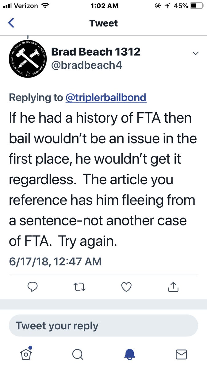 triplerbailbond's tweet photo. Seems #bailreform beach boy had enough and deleted all of his tweets #TrollBeatDown #WeKnowBail ✅ another off the list! https://t.co/VpOSRQuUoE