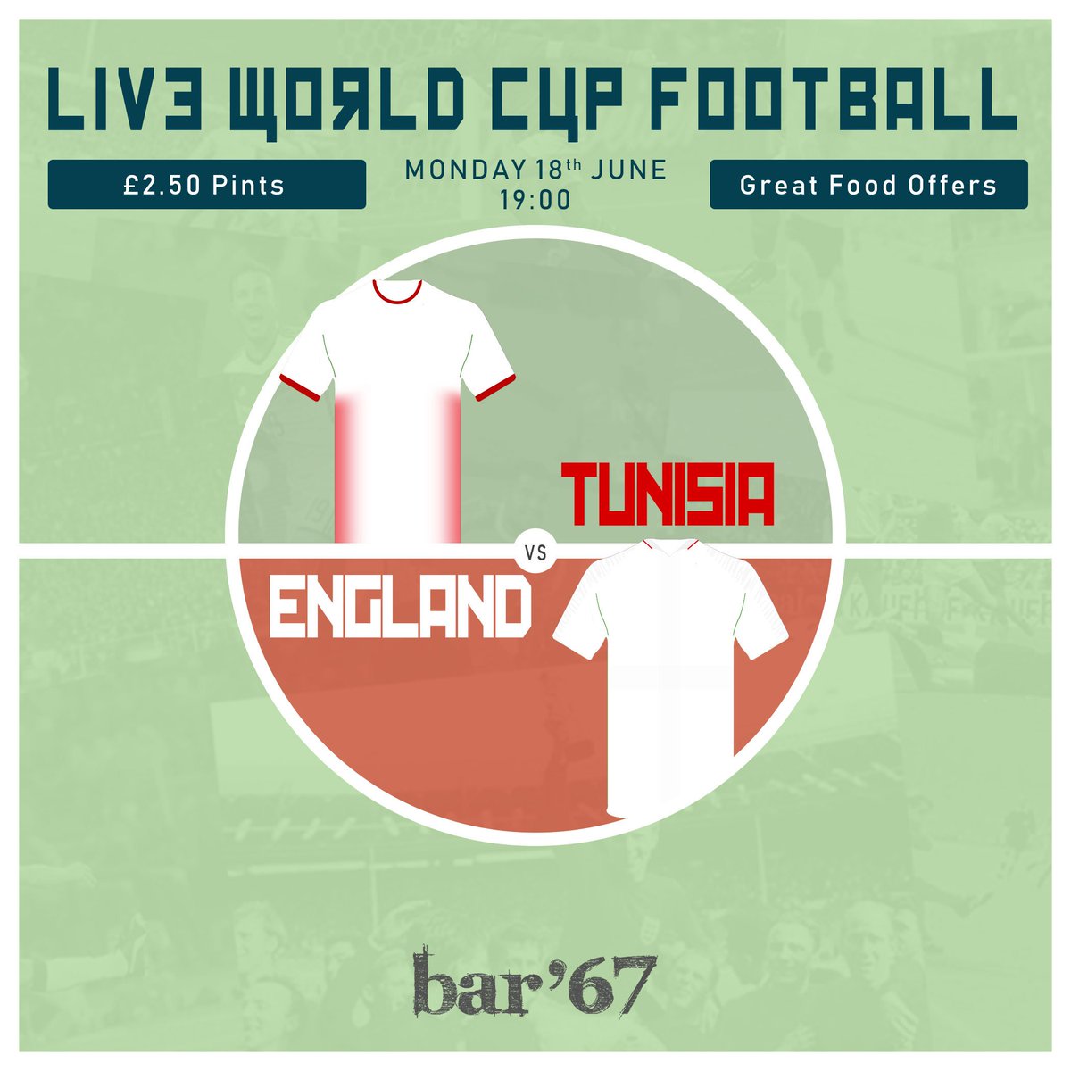 We won't be open today, due to our usual opening times ⚽ 

We'll be showing the Group G double header, so make sure you arrive early and enjoy our great offers 🍻

Belgium 🇧🇪 vs 🇵🇦 Panama - 4pm 

Tunisia 🇹🇳 vs 🦁 England - 8pm

#BEL #PAN #TUN #ENG #WorldCup