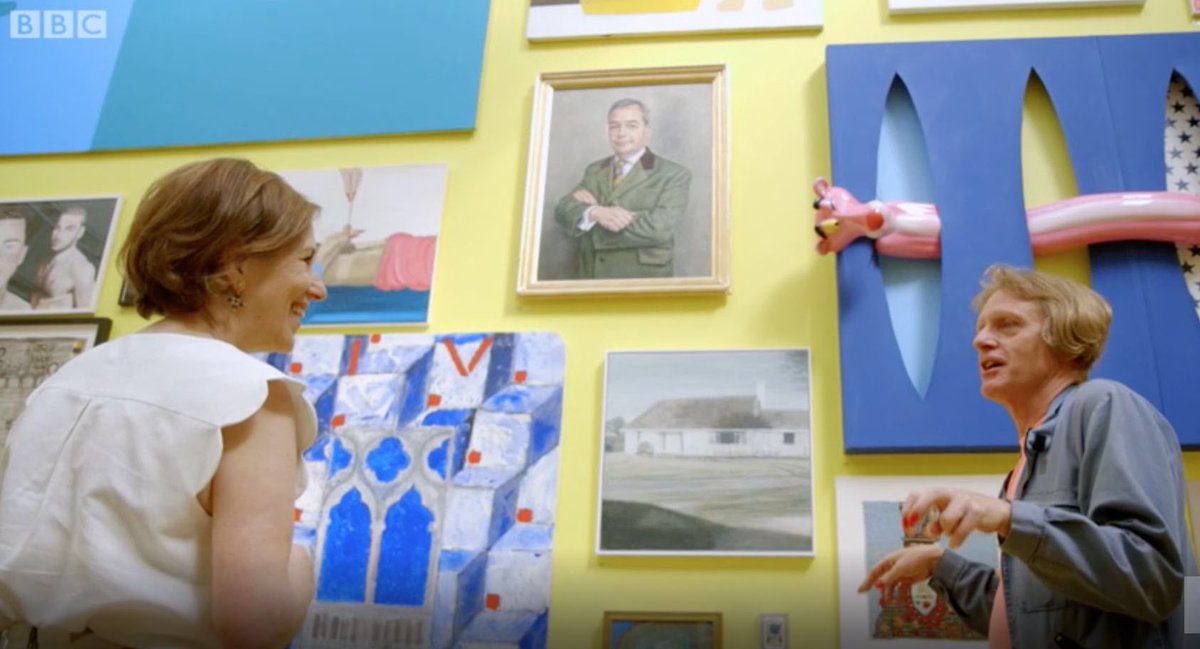 Grayson Perry <a href="/Alan_Measles/">Grayson Perry</a> and <a href="/KirstyWark/">Kirsty Wark</a> discussing the Farage painting <a href="/royalacademy/">Royal Academy</a> on <a href="/BBCTwo/">BBC Two</a> last night with my work peeking in from Kirsty’s head...
