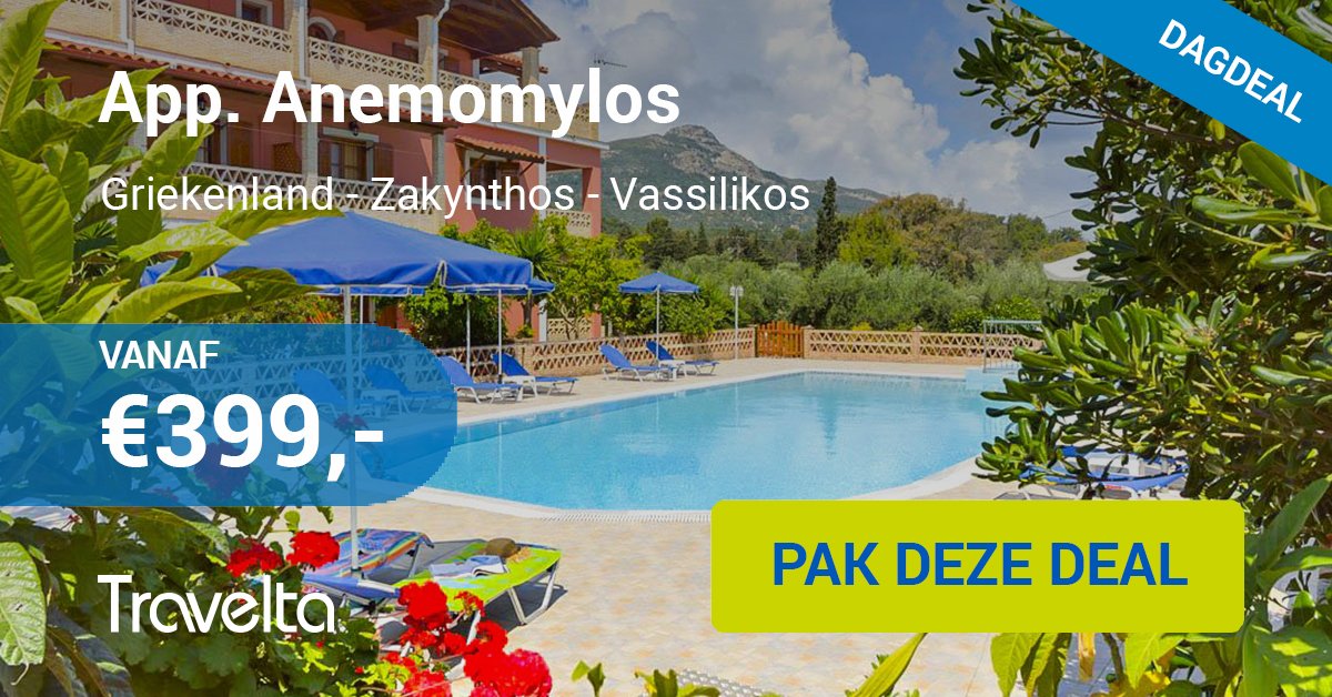 Travelta's tweet photo. Dagdeal 17 juni: App. Anemomylos - Zakynthos
8 dagen vanaf €399,- p.p. ➜ https://t.co/X3IZ3mGweR https://t.co/4S2zF0XkSx