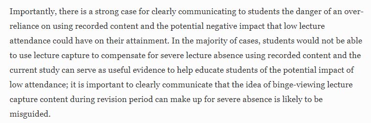 amandameyerphd's tweet photo. "there is a strong case for clearly communicating to students the danger of an over-reliance on using recorded content and the potential negative impact that low lecture attendance could have on their attainment"
https://t.co/Qnj7ditltN
#ComeToClass https://t.co/eRvSfv42ke