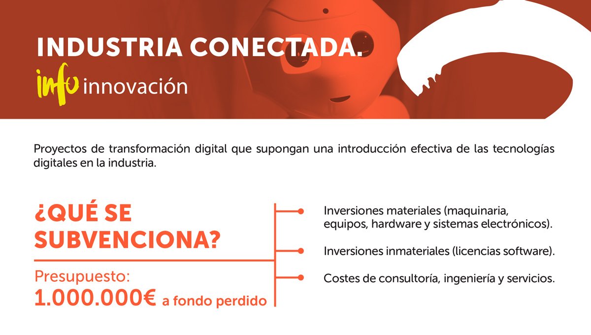 infoRMurcia's tweet photo. El #INFO a través de @EmpleoRM ofrece ayudas a la Industria Conectada. Máx. 50.000€ a #pymes de la @regiondemurcia que fomenten la innovación para la transformación digital de la industria. Hasta el 23/07 📝https://t.co/UZlSwGH8Oq https://t.co/1iYxCCpwZk