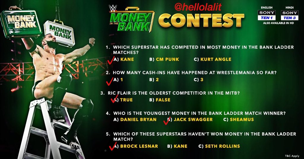 hellolalit's tweet photo. @SPN_Action @WWEIndia 1) A. KANE
2) A. 1
3) A. TRUE
4) B. JACK SWAGGER 
5) A. BROCK LESNAR 

#MITBContest @SPN_Action 

@harshit_gadoya @shah_himanshu @sethiashish6 @natuskar @Gopal29 @Dhyani1811 @techyrajat @VHetal https://t.co/OBZBhdPUDK