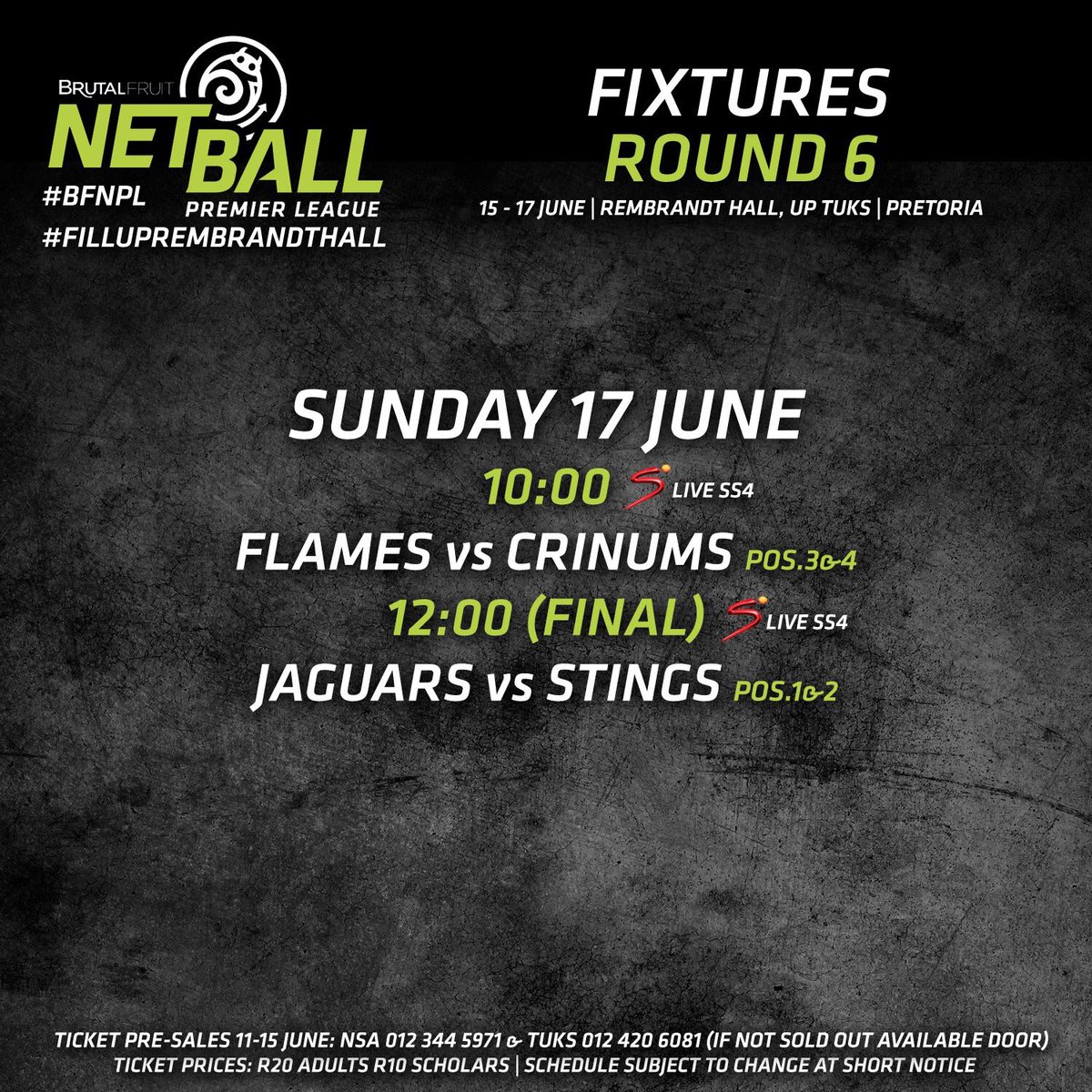 TuksSport's tweet photo. #TuksNetball: It is ON today! The #Flames take on the #Crinums and the #GautengJaguars face the #Stings. Catch all the action at @UPTuks Rembrandt Hall. Tickets available at the door, R10 for students, R20 for adults #FillUpRembrandtHall @Netball_SA https://t.co/Rfr3jIYefS