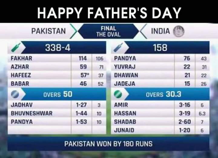Its_Nabeel_S's tweet photo. Happy father's day to my dad
&amp; ever dad in the world.
I think something special happened on last #FathersDay 
Yes yes! This happened👇
#pakiatan vs #india
#ctfinal2017
#180
#PakistanZindabad https://t.co/PXWgfvfdpy