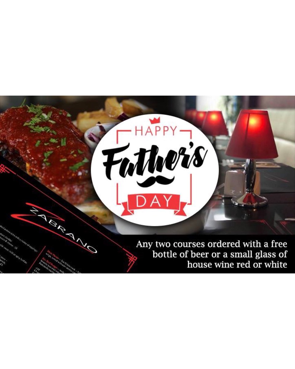 HAPPY FATHER’S DAY - Treat your Dad &amp; Celebrate Father’s Day at Zabrano!
Order any two courses &amp; receive a free bottle of beer or a small glass of red or white house wine!

127 Leigh Rd,
Leigh-on-Sea,

zabrano.co.uk
01702 476999

 #leighroad #leighonsea #fathersday